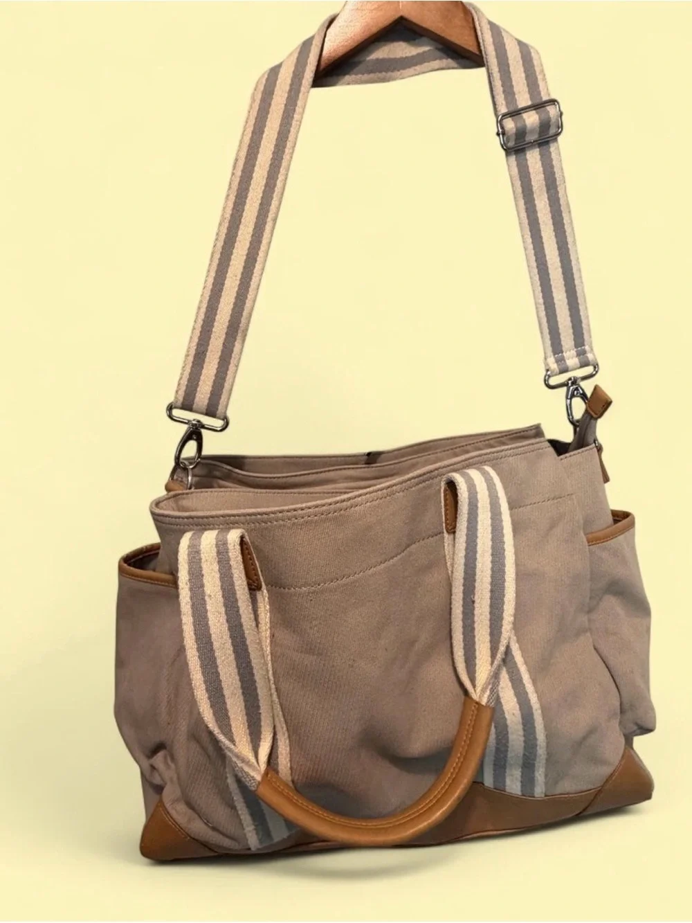 Pottery Barn Kids Taupe Canvas Tote with Tan Leather Trim